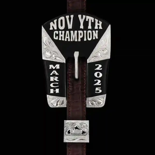 The Buckskin Headstall Buckle is expertly handcrafted on a German Silver base and features customizable lettering on the main portion and both sides of the buckle. You can add your own custom logo, ranch brand, or one of our stock figures on the head of t